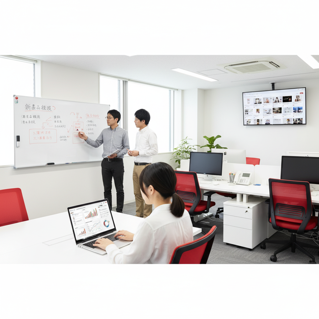 EC運営の現場：ホワイトボードで戦略を議論するチーム