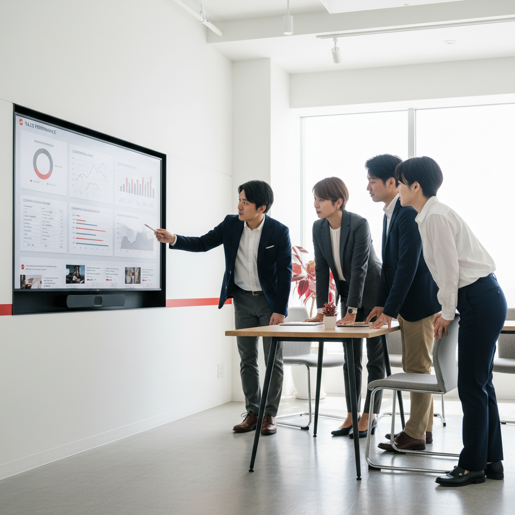 ECモンスター戦略チームがモニターを見ながら議論している様子